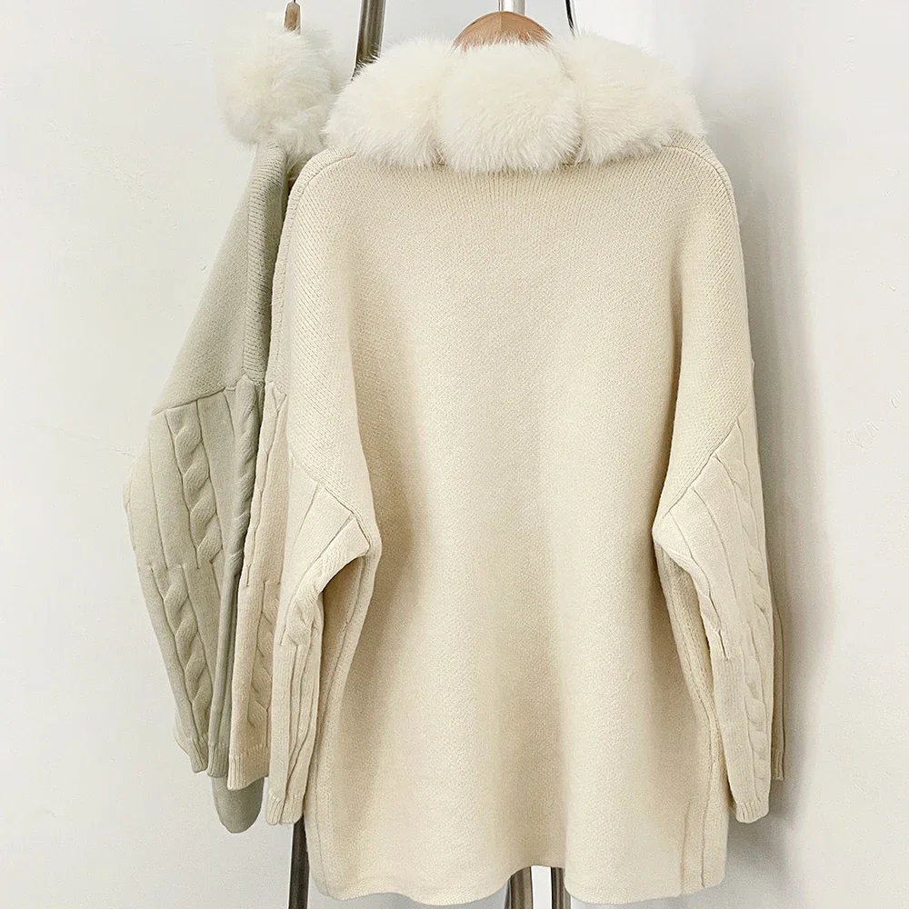 OFTBUY Kabelstrick Loser Warmer Neuer Wintermantel für Damen, Gestrickter Cardigan mit Kunstfuchspelzkragen, Mittellanger Pullover-Mantel für Frauen – Detail 27