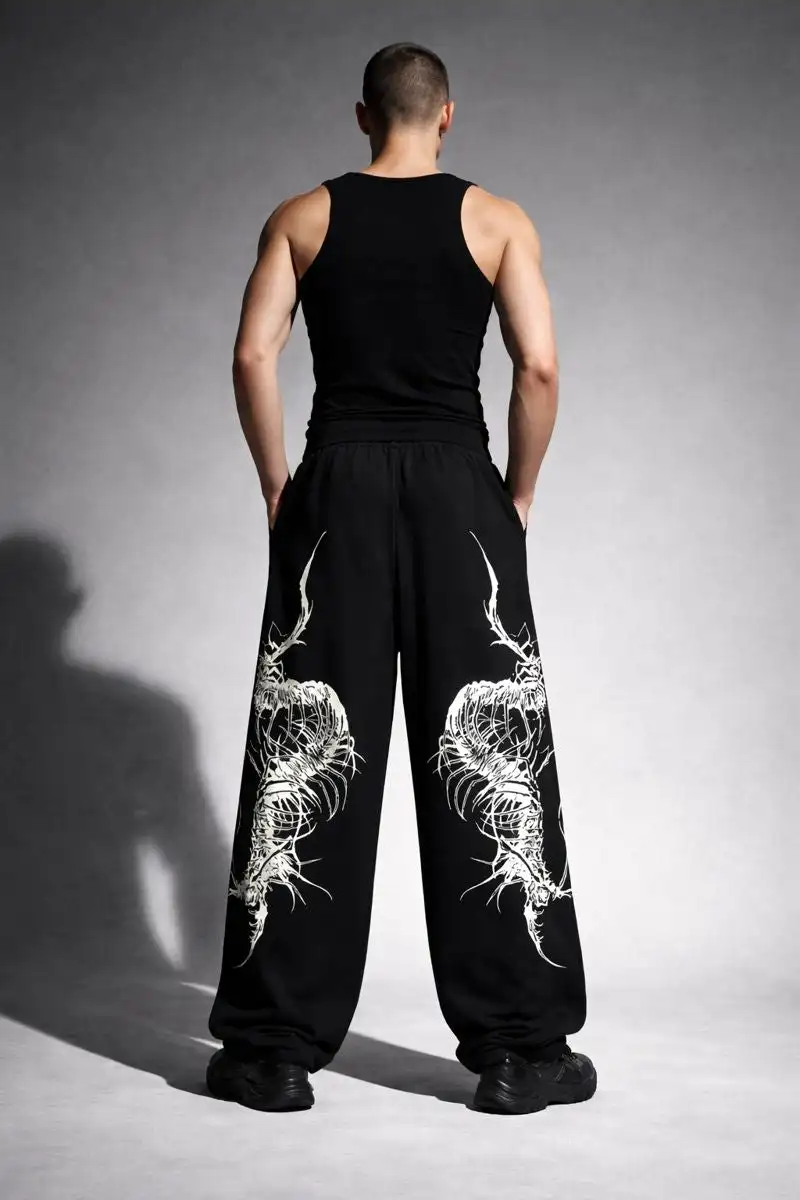 Y2K Wide Leg Sweatpants White Scorpion Skeleton Print Elastic Drawstring Waist Loose Gothic Hip‑Hop Streetwear Casual Trousers
