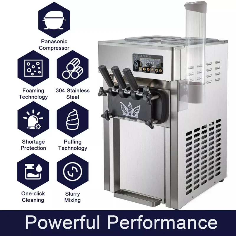 Mesin Es Krim Lembut Tricolor 1200W Komersial Dispenser Es Krim Meja Stainless Steel Pembuat Es Krim Kerucut Manis