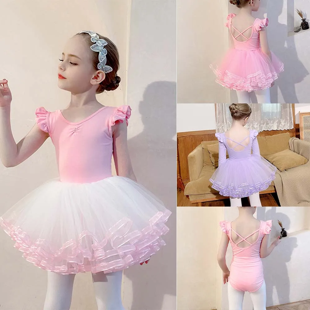 Girls Kids Ballet Dress Gymnastics Leotards Short Sleeve Ballet Dancewear Skirts Cotton Spandex Gym Children Leotards