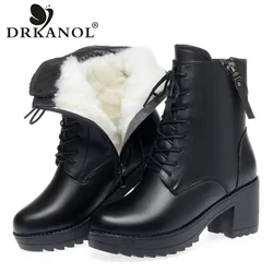 DRKANOL stivali con tacco spesso in pelle spaccata moda donna autunno inverno stivali caldi in pelliccia di lana calda scarpe da donna con tacco alto in Shearling