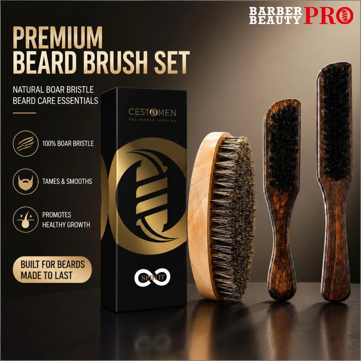 Juego de 2 cepillos para barba de cerdas de jabalí - Cepillo para el cuidado de la barba con mango de madera para hombres, herramienta de estilismo profesional para barbería en casa