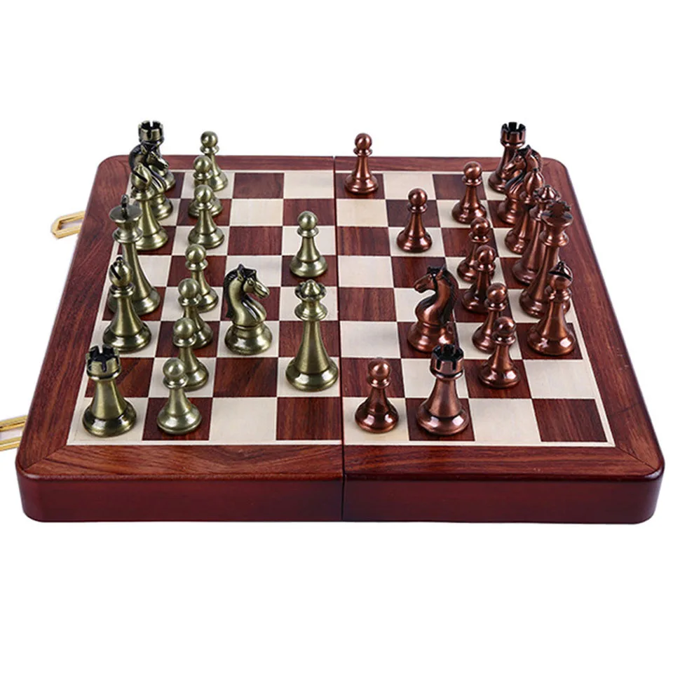 

Chess Set Kirsite Metal Chess Pieces King Height 67mm Wooden Folding Chessboard Portable Chess Game for Kids Adult for Gift I6