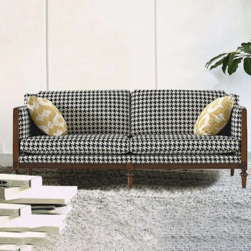 American solid wood sofa French retro thousand bird grid fabric single three-person sofa simple small apartment living room comb