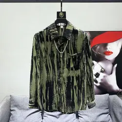 Korean Style Ink Retro Striped Shirt Men Slim Thin Tie-dyed Long-sleeved Ice Silk Shirt