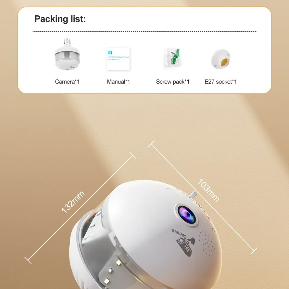 3MP 1296P V380pro APP Floodlight E27 Full Color 360Degree FishEye Panoramic View VR IP Camera AI Humanoid Detection CCTV Monitor