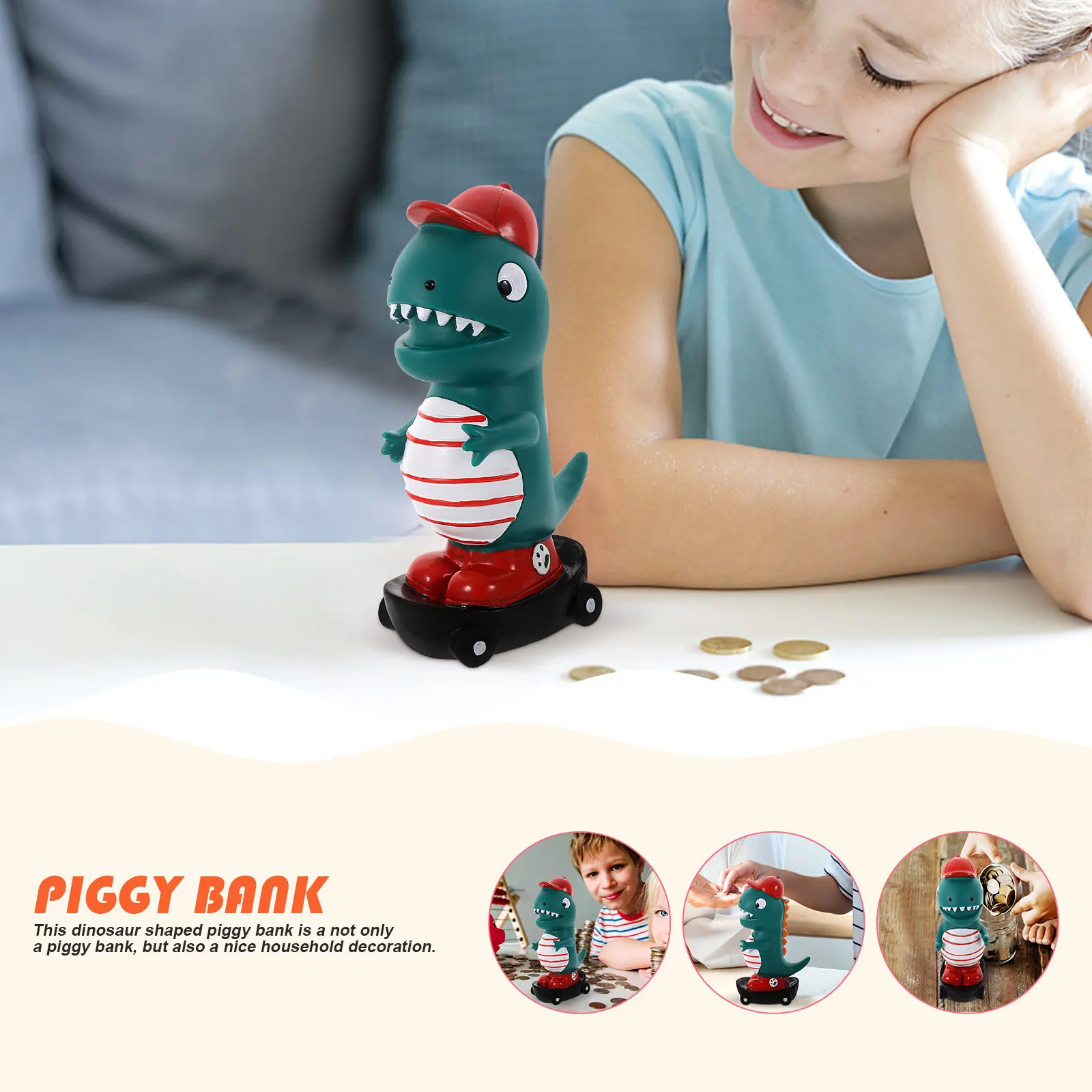 

Dinosaur-Shaped Piggy Bank Made of Vinyl Sturdy Money Container for Kids Lovely Cash Holder Adornment for Home Office Decoration