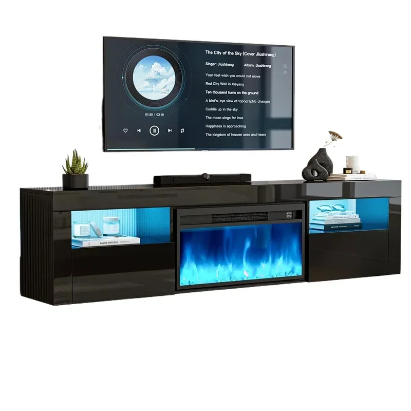 Custom High Gloss Floating TV Stand with 28 Inch Electric Fireplace 2 Cabinets LED Lights Wall Mounted Media Console