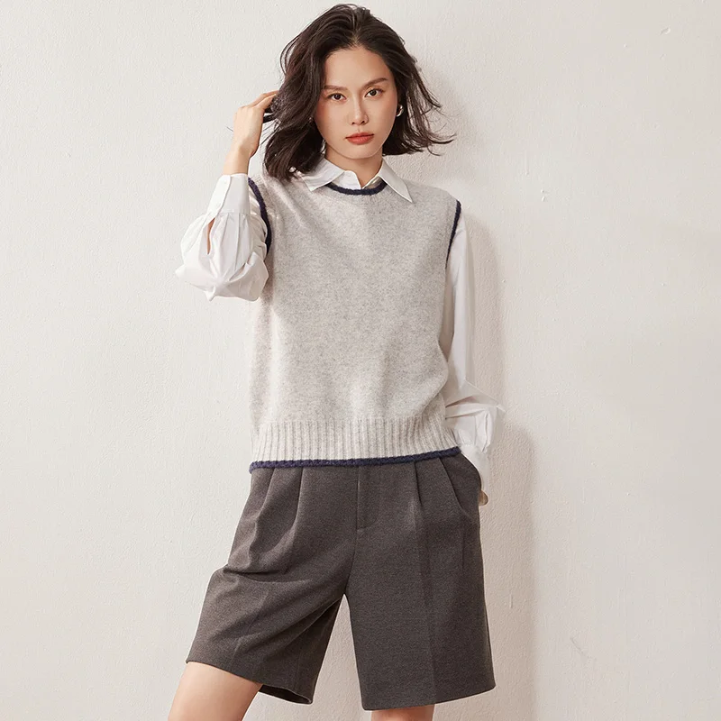 

Seven Needle Thickened 100% Cashmere Sleeveless Vest for Women, Round Neck Knitted Vest, Simple Color Block Sleeveless Jacket