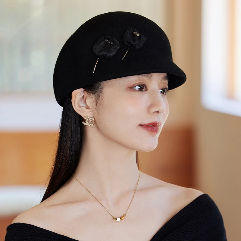 Classic Ladies Beret Hat Fancy Wool Felt Hat Warmer Winter White Black Women Fedora Hat Fascinator Pillbox  Formal