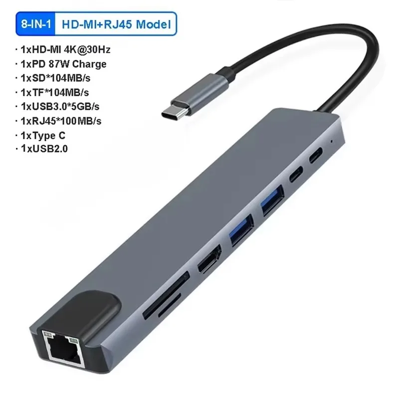 USB 3.0 Hub For Laptop Adapter PC Computer PD Charge Dock Station RJ45 HDMI-compatible TF/SD Card Notebook Type-C Splitter