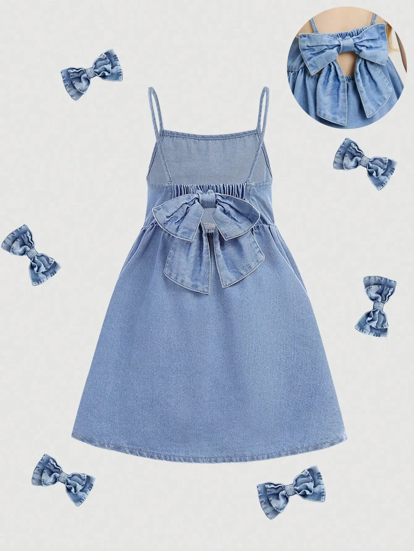 

Girls Denim Spaghetti Strap Dress with Front Bow Detail, Blue Casual Summer Wear
