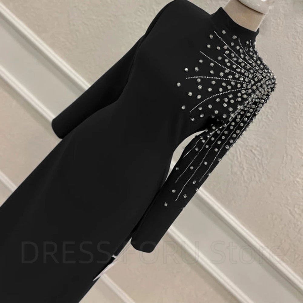 Elegant Black Mother of the Bride Dress High Neck And Long Sleeve with Beading A-Line Ankle Length for Wedding Party Guest