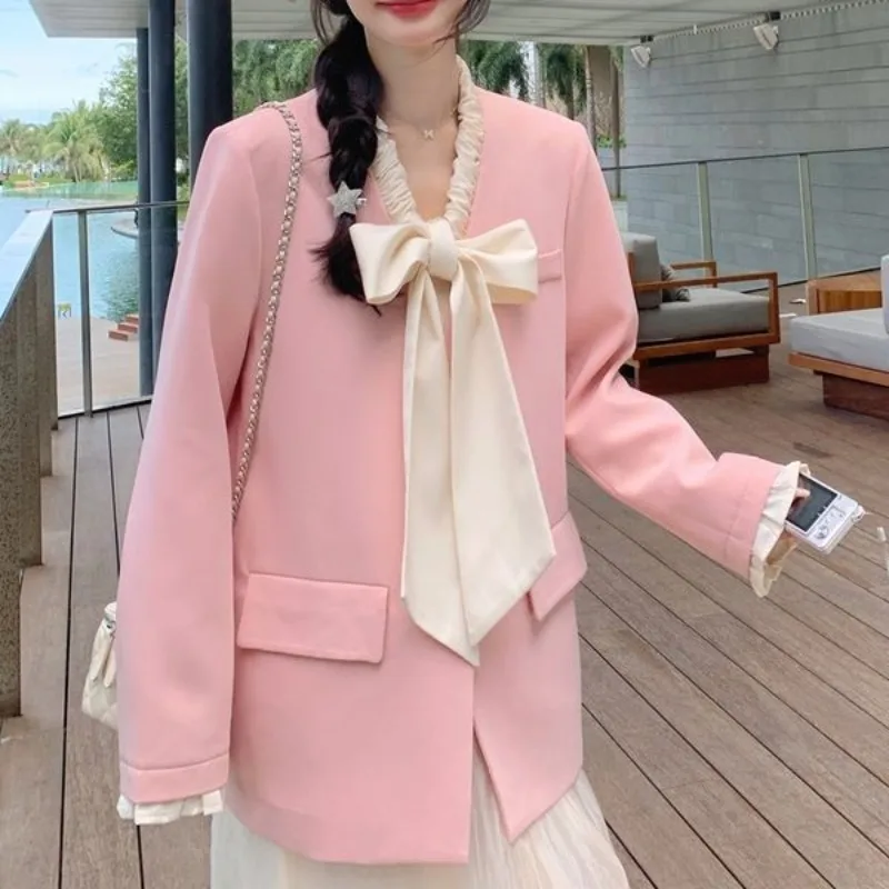 

Pink Fragrant Style Suit Spring Autumn Women's 2024 New Coat Korean Edition Sweet Bow Tie High End Small Blazers Trendy OL Top