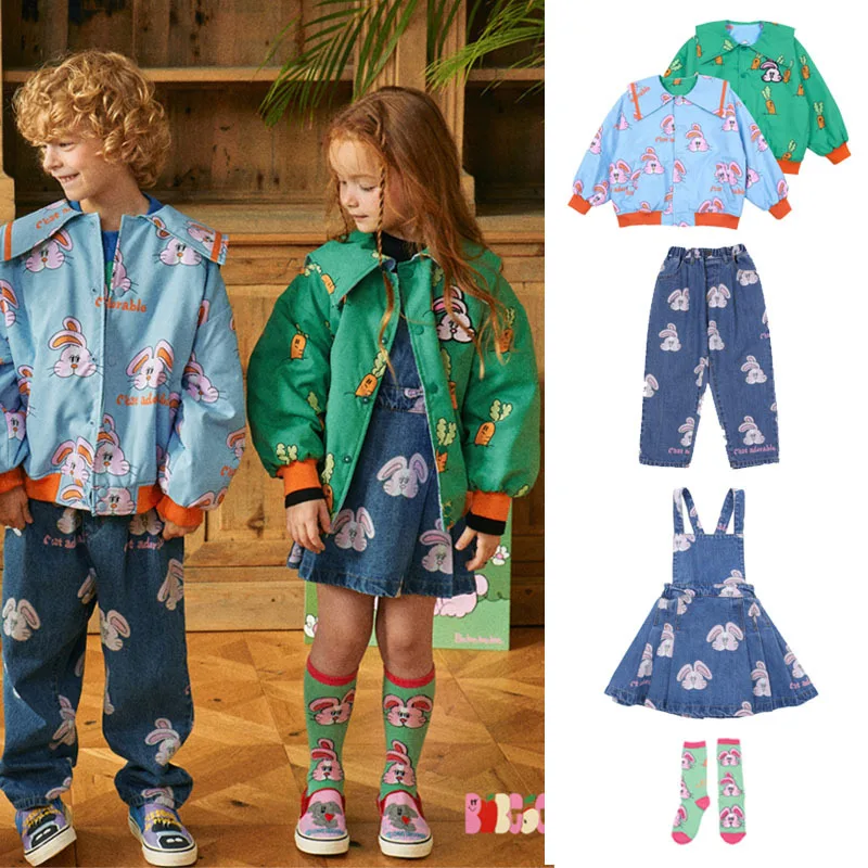 

Spot BEBEBEBE 2024 Spring Cartoon Print Coat Cute Rabbit Strap Dress Denim Set boys clothes girls clothes 2-12y