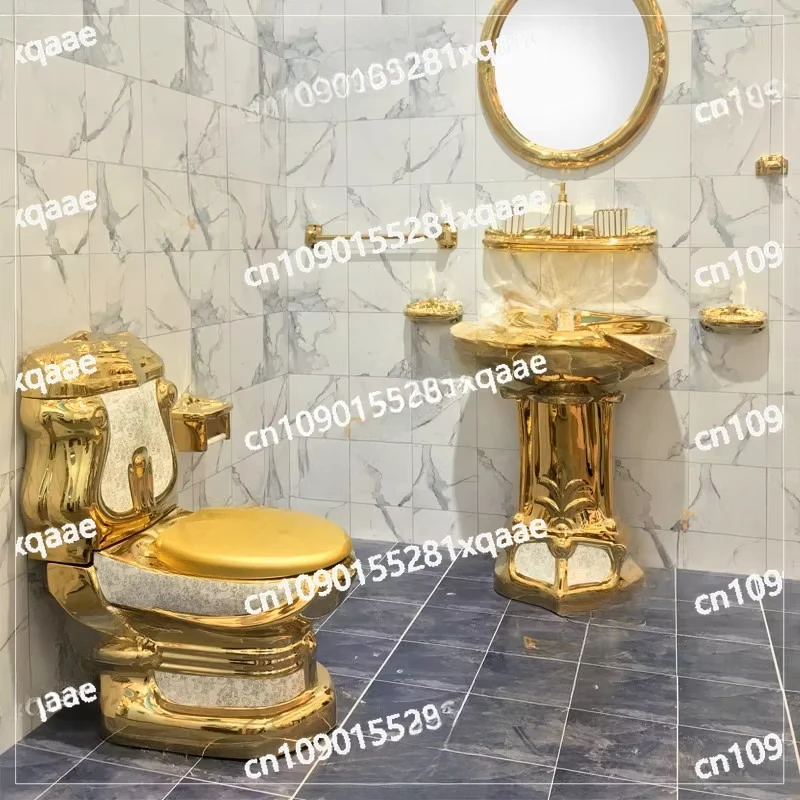 European Style Electroplated Gold Ceramic Toilet Pedestal Basin - Luxury Villa Customized All-in-One Bathroom Suite