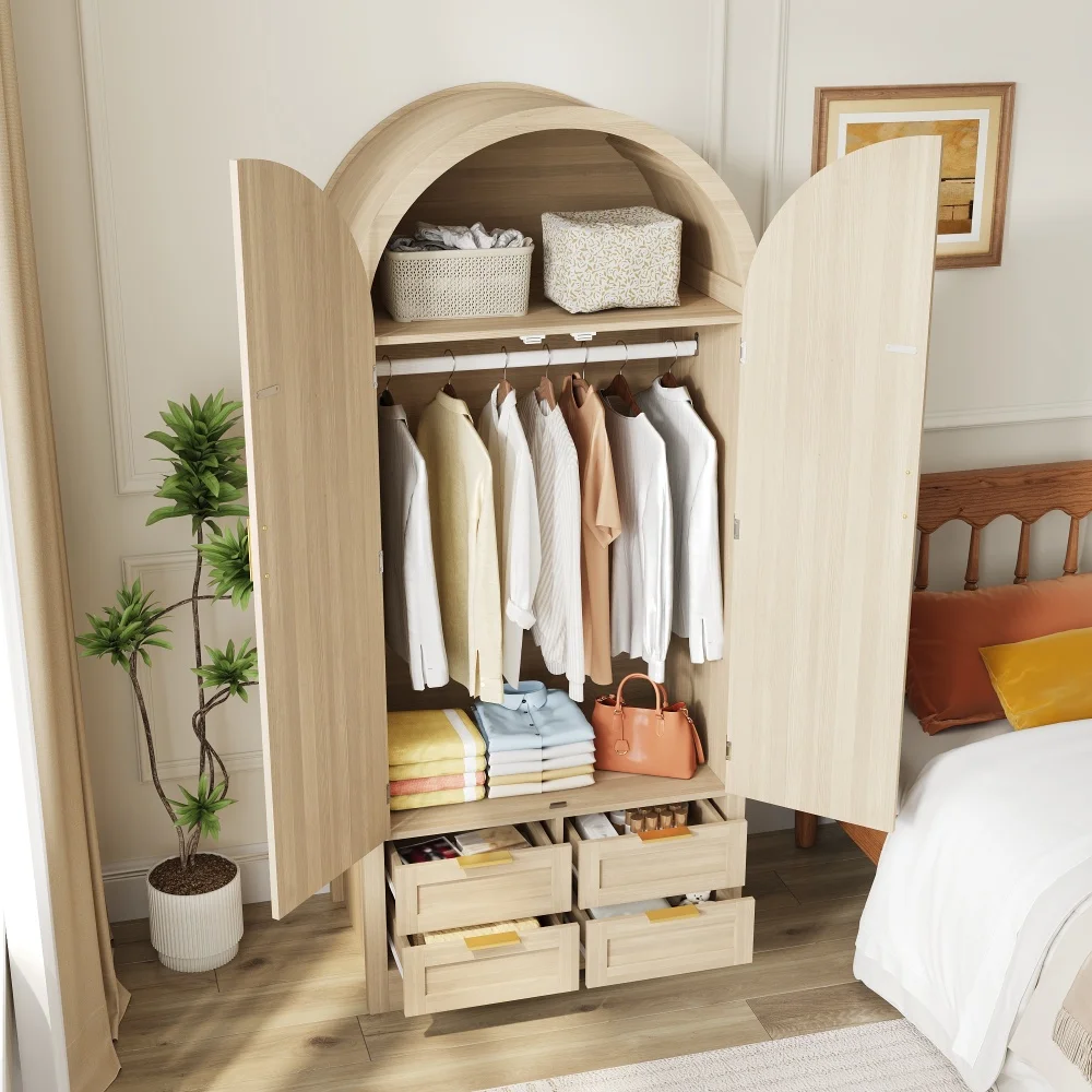PINGGO Moderner Kleiderschrank mit Gebogenen Türen Großzügiger Stauraum Kleiderstange Schubladen Luxuriös für Schlafzimmer Eingangsbereich – Detail 7