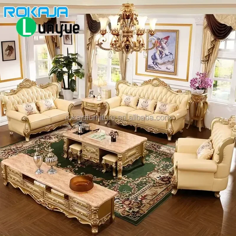 European U Shaped Sofa Set 1+2+3 Seater Solid Wood Carved Champagne Gold Living Room Furniture for Villa Luxury Home Decor