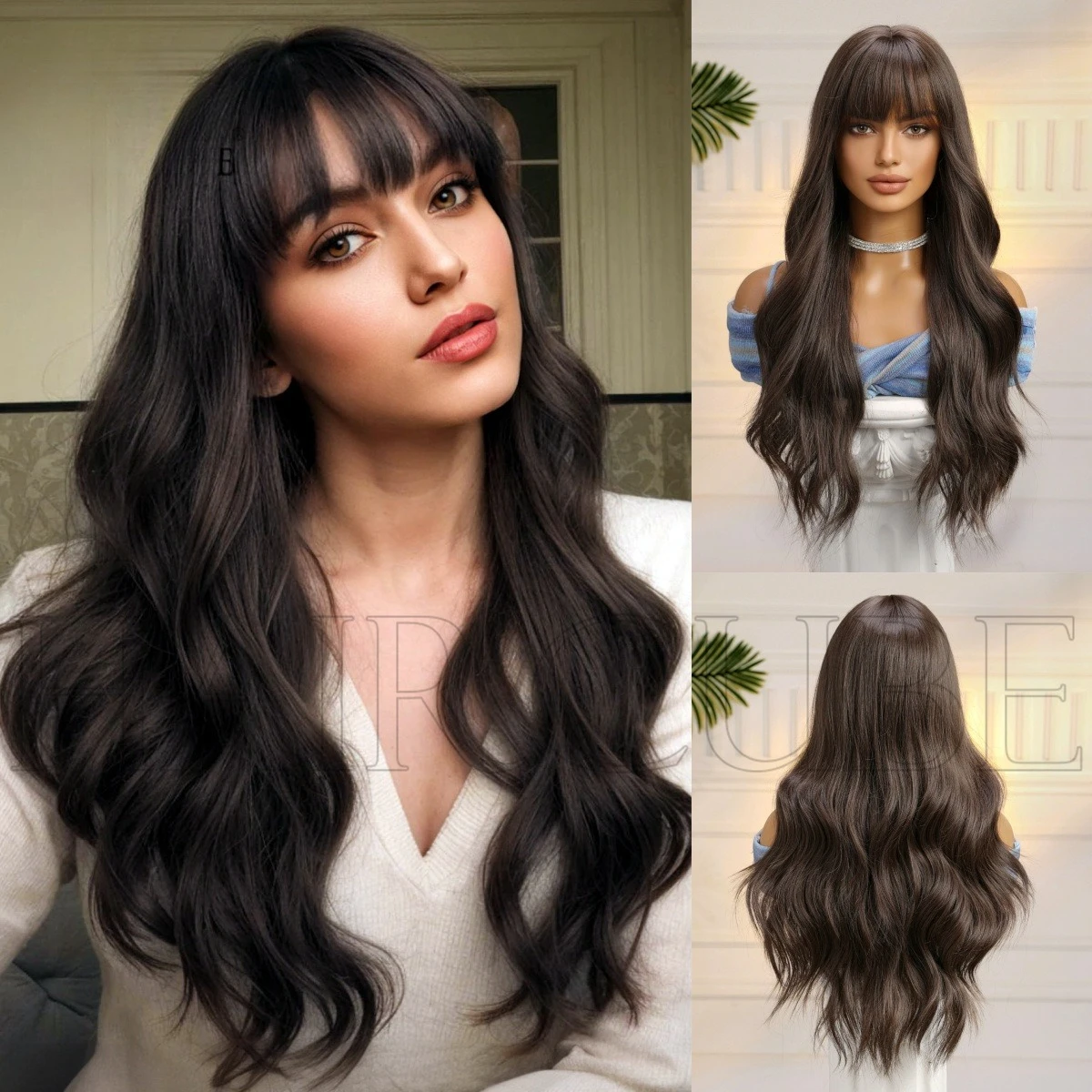 

European and American long curly hair wig headgear natural black bangs long curly hair big wave full headgear wig