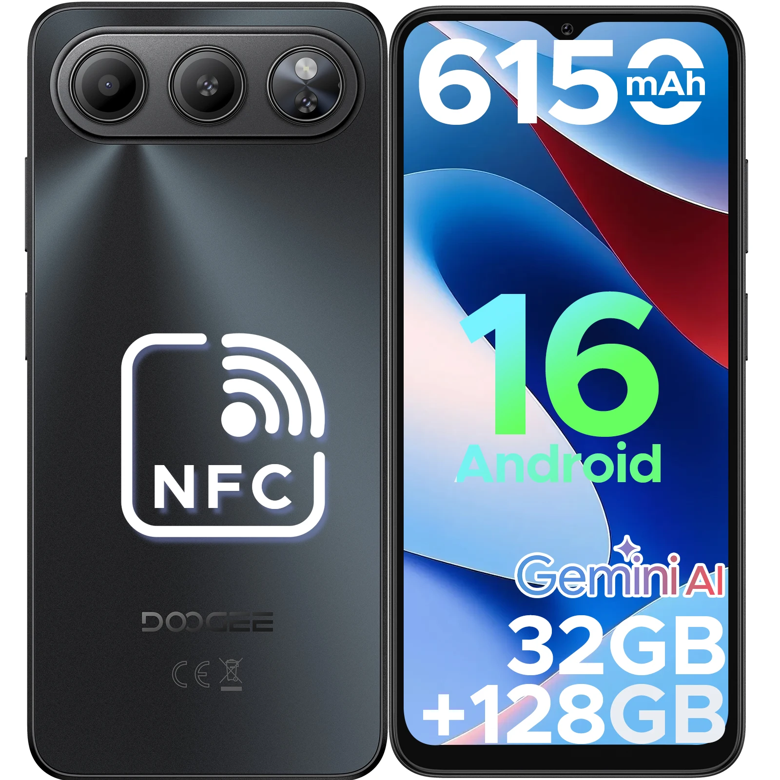 DOOGEE Note 60 Android 16 Smartphone Gemini Ai 6150mAh Batterij 6.56 Inch 32GB RAM(3GB+29) 128GB ROM 13MP Hoofdcamera Ondersteunt NFC Google Pay Mobiele Telefoons