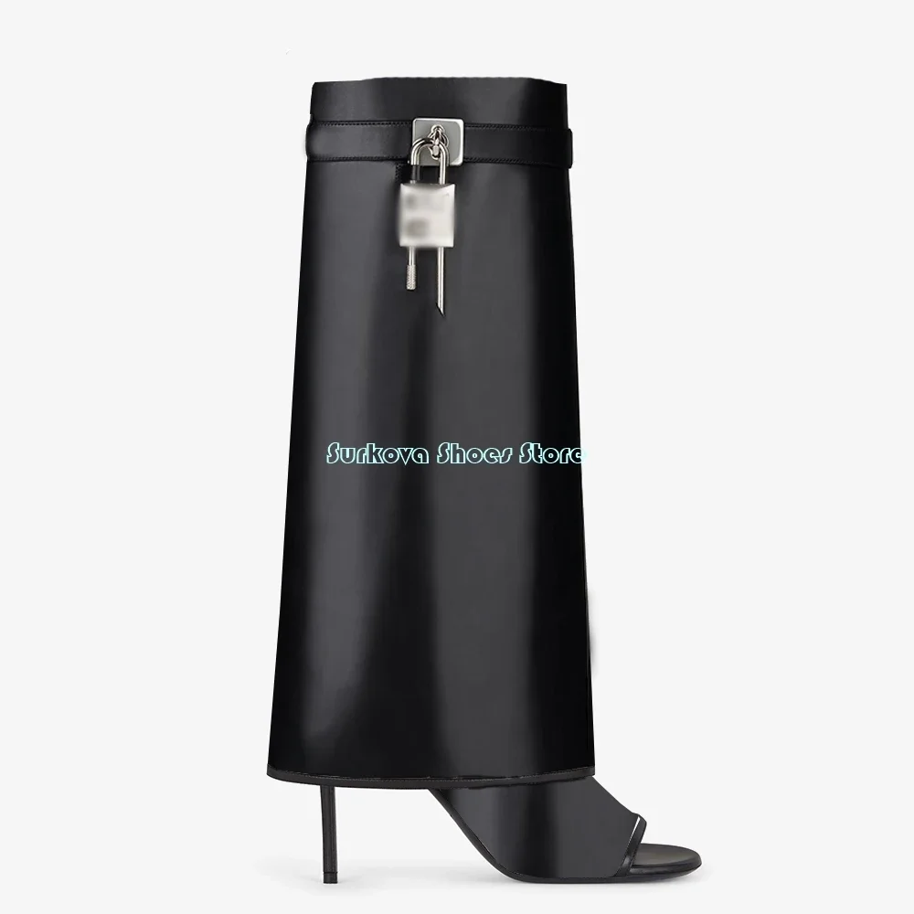 

Peep Toe Knee High Boots with Metal Lock Round Open Toe Thin High Heels Women's Shoes Summer Big Size British Style Modern Boots