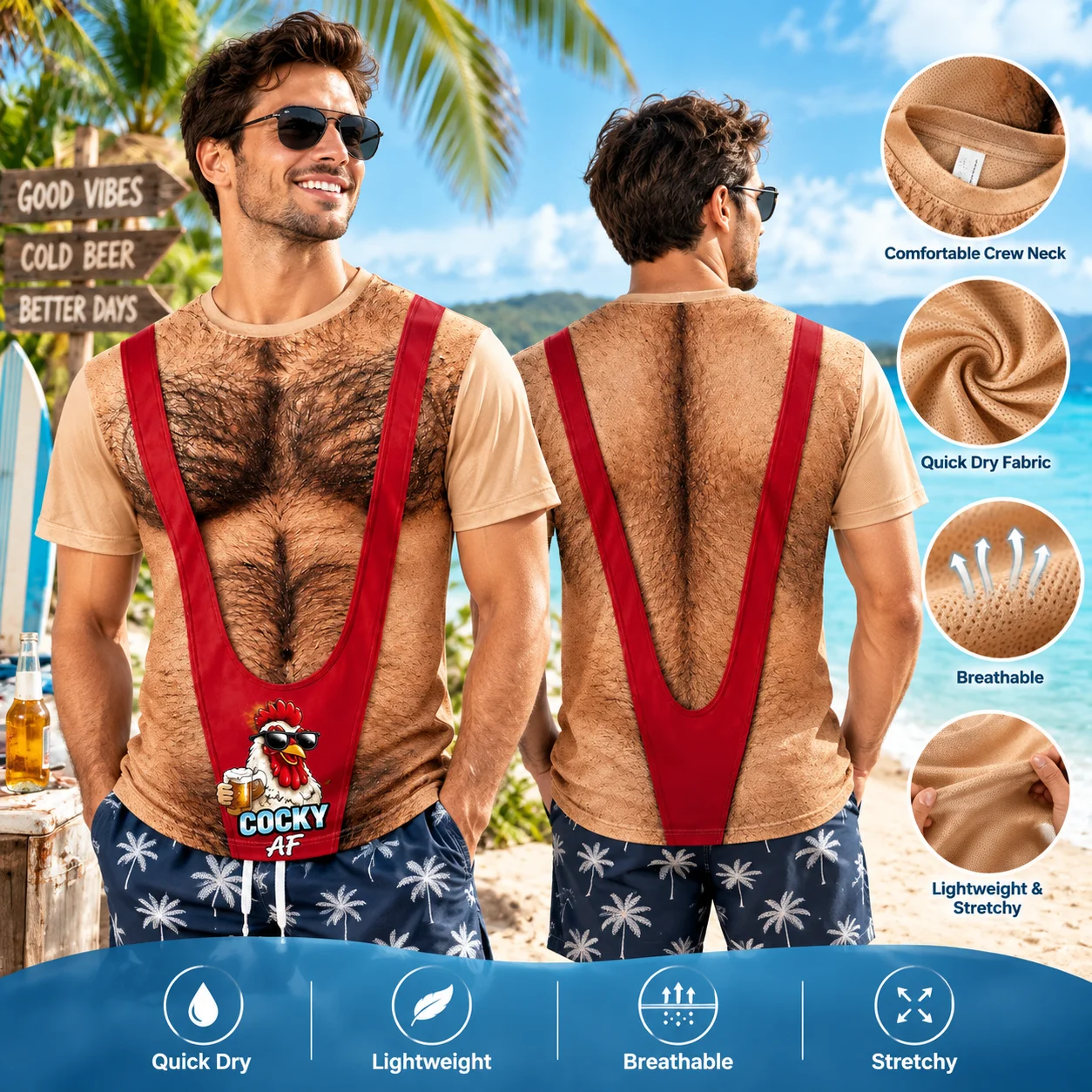 Men Funny 3D Leopard Print Suspender Bikini Fake Muscle Graphic T-Shirt Short Sleeve Novelty Beach Party Casual Streetwear Tees