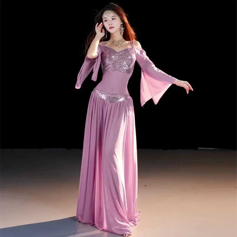 

Профессиональный костюм для танца живота, костюм, топ и длинная юбка с разрезом, женская одежда для восточного танца, одежда для выступлений на сцене