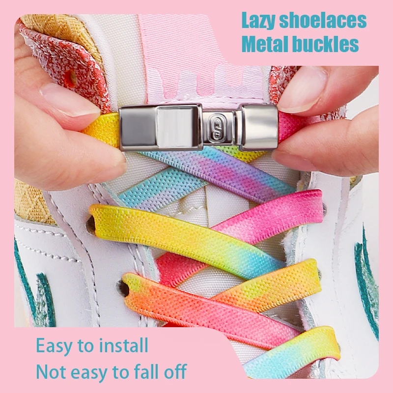 

1 PairMetal Snap Colorful Shoe Laces No Tie Wide Flat Elastic Shoe Laces Sneakers Tennis Shoes Shoe Laces Easy to Use Shoe Laces