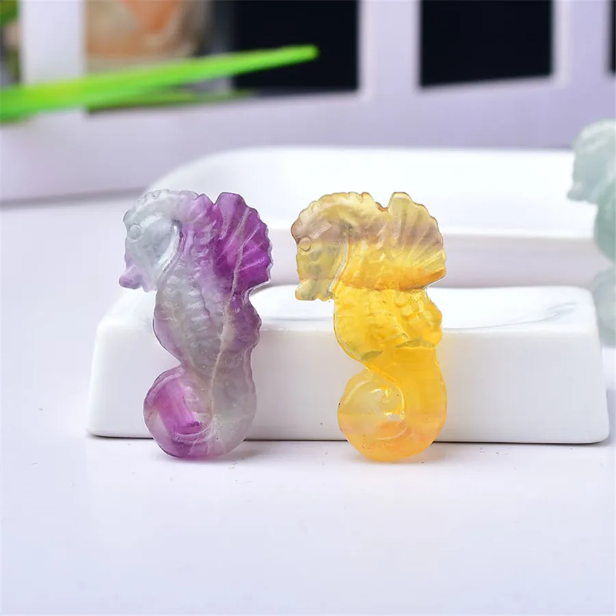 100% Natural Crystal Carved Rainbow Fluorite sea horse Stone Animal For Home Office Decoration