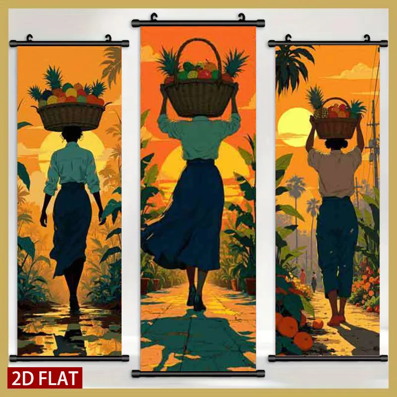 2D/FLAT-3 piezas Arte de pared enrollable de plástico con diseño de mujeres tropicales transportando cestas de frutas, estilo retro de puesta de sol, impresión decorativa para habitación