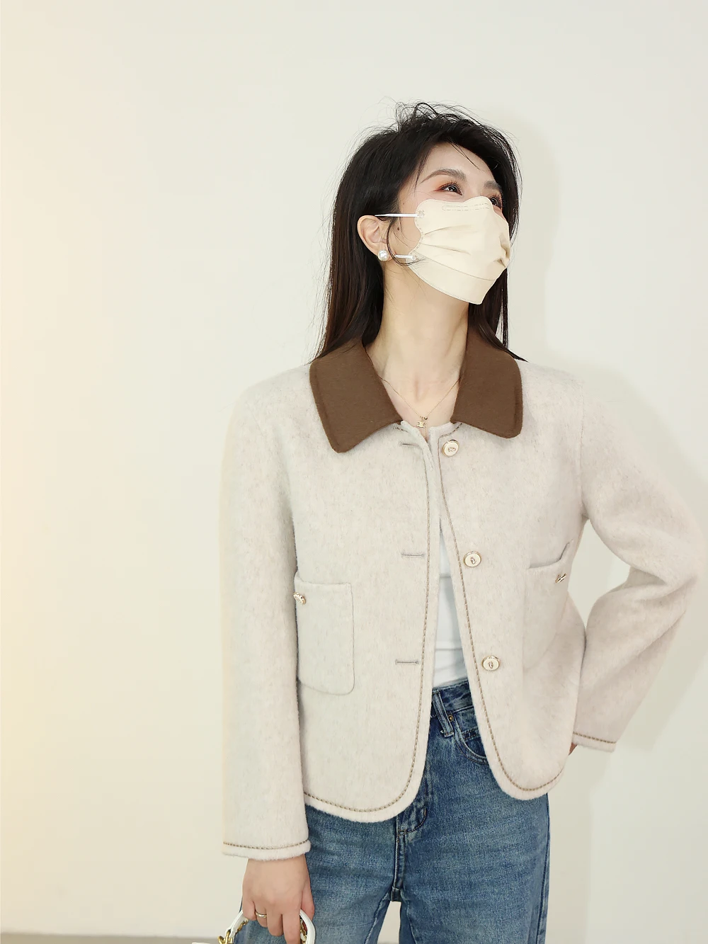 

Шерстяное пальто женское с воротником, цветным блочным дизайном, высококачественное, для повседневной носки, на одной пуговице, длинное, от FuwerStudio