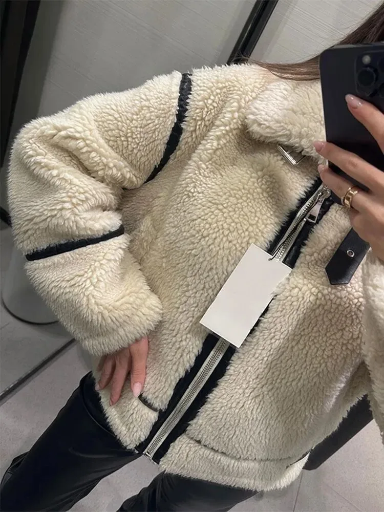 Women Fake Fur Zipper Jacket Plush Coat Loose Long Sleeve Lapel Collar Thicken Coats Winter Fashion Female Warm Street Outwears