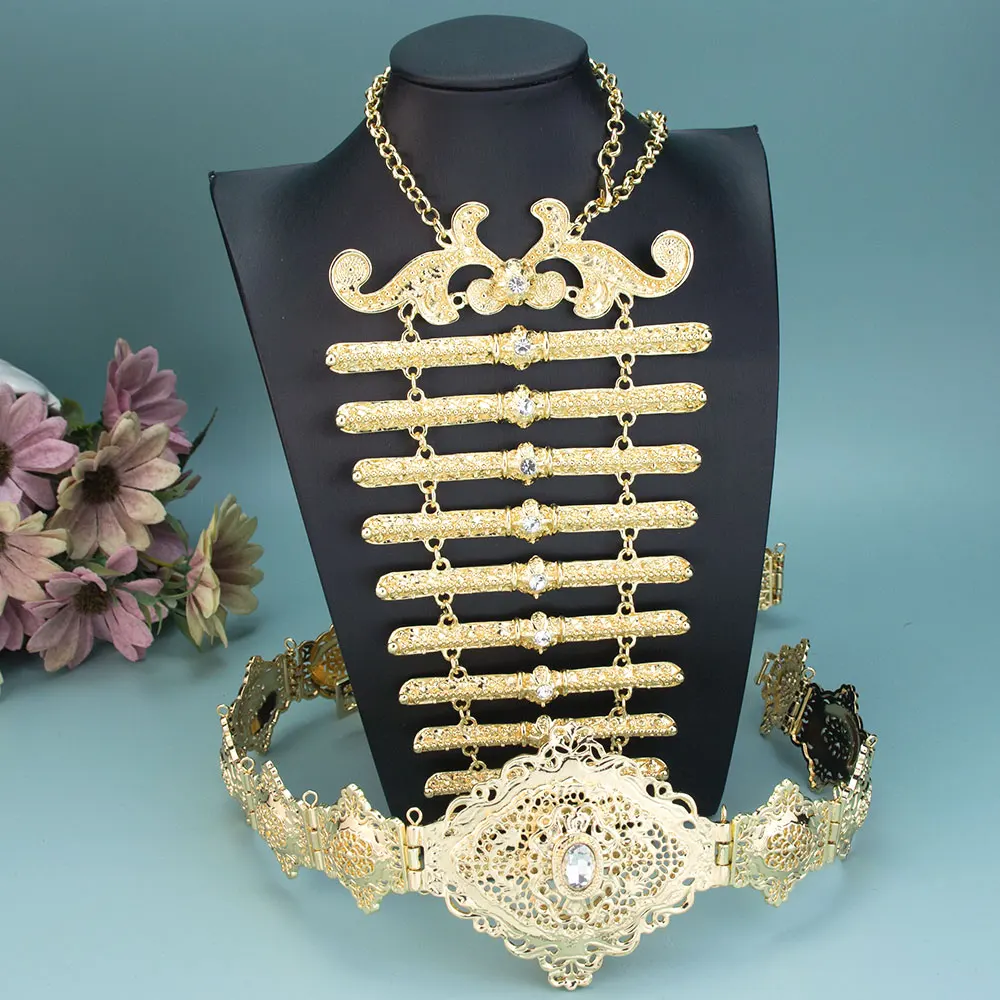 Sunspicems Gold Color Caucasus Kazakhs Bridal Belt Breastplate Wedding Jewelry Sets Metal Women Waist Chain Adjustable Length