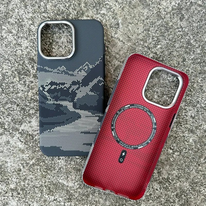 Abstract Mountain Rivers Magsafe case for iphone 15 14pro 13 15Pro Max Carbon fiber Alloy Lens Wireless Charging hard cover