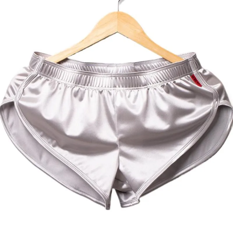 Мужская одежда для сна, нижнее белье, глянцевые сексуальные атласные шорты-боксеры, шелковые шорты для сна, блестящие домашние трусики с разрезом, Ropa Interior De Dormir