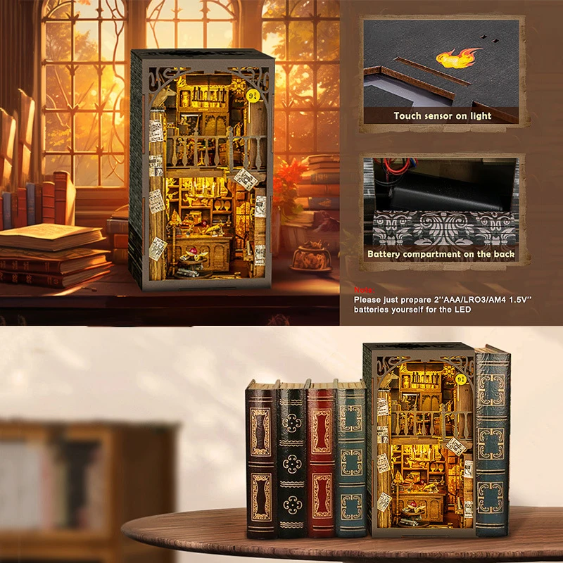 DIY Book Nook Wooden Miniature Model Kit Magic Casa Bookend 3D Puzzle Bookshelf With Light Home Decor Friends Birthday Gifts