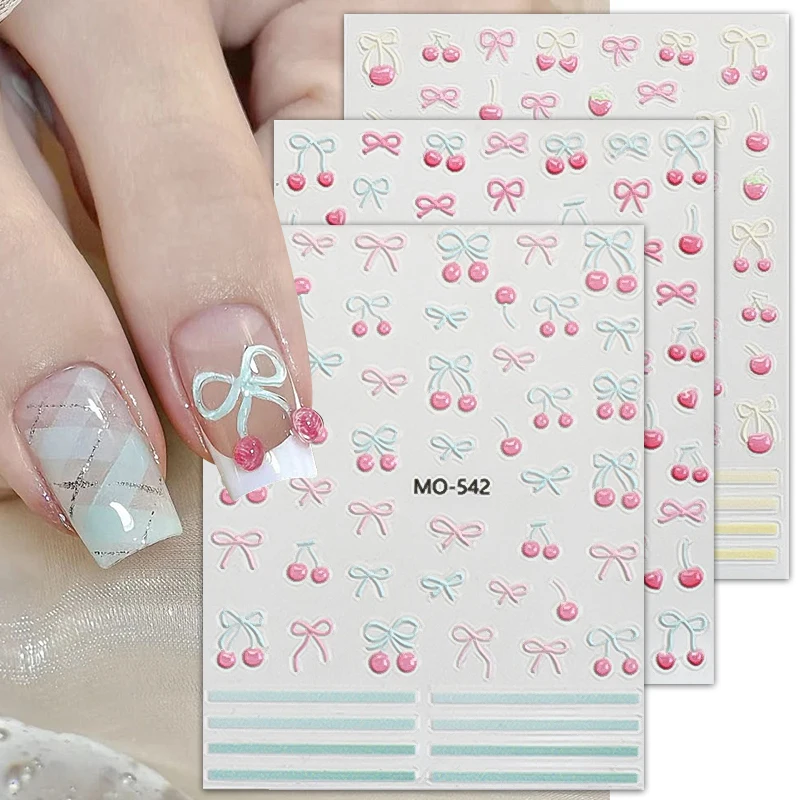 1pc 3D 체리 Bowknot 신선한 젤리 네일 스티커 민트 그린 라인 양각 슬라이더 데칼 여름 자체 접착 매니큐어 장식