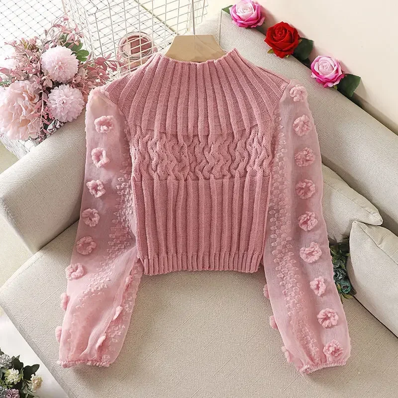 Half High Collar Sweaters Jumper Pink Twists Sweater Bubble Sleeves Sweet Flowers Knitted Tops Sueter Mujer Chiffon Shirt Chic