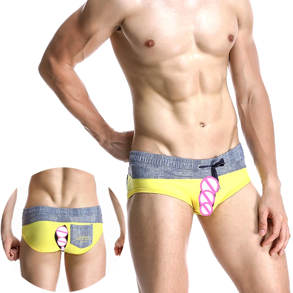 

Invisible Open Crotch Outdoor Sex Gay Men's Sexy Swim Briefs Sissy Low Waist Drawstring Color Match Swimming Shorts Erotic Pants