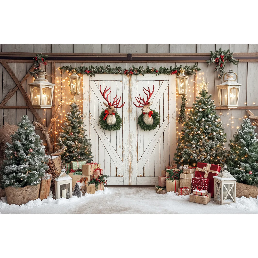 

Christmas Reindeer Presents Trees Backdrops Kids Adult Photography White Wooden Door Entrance Cottage Snowy Streets Backgrounds