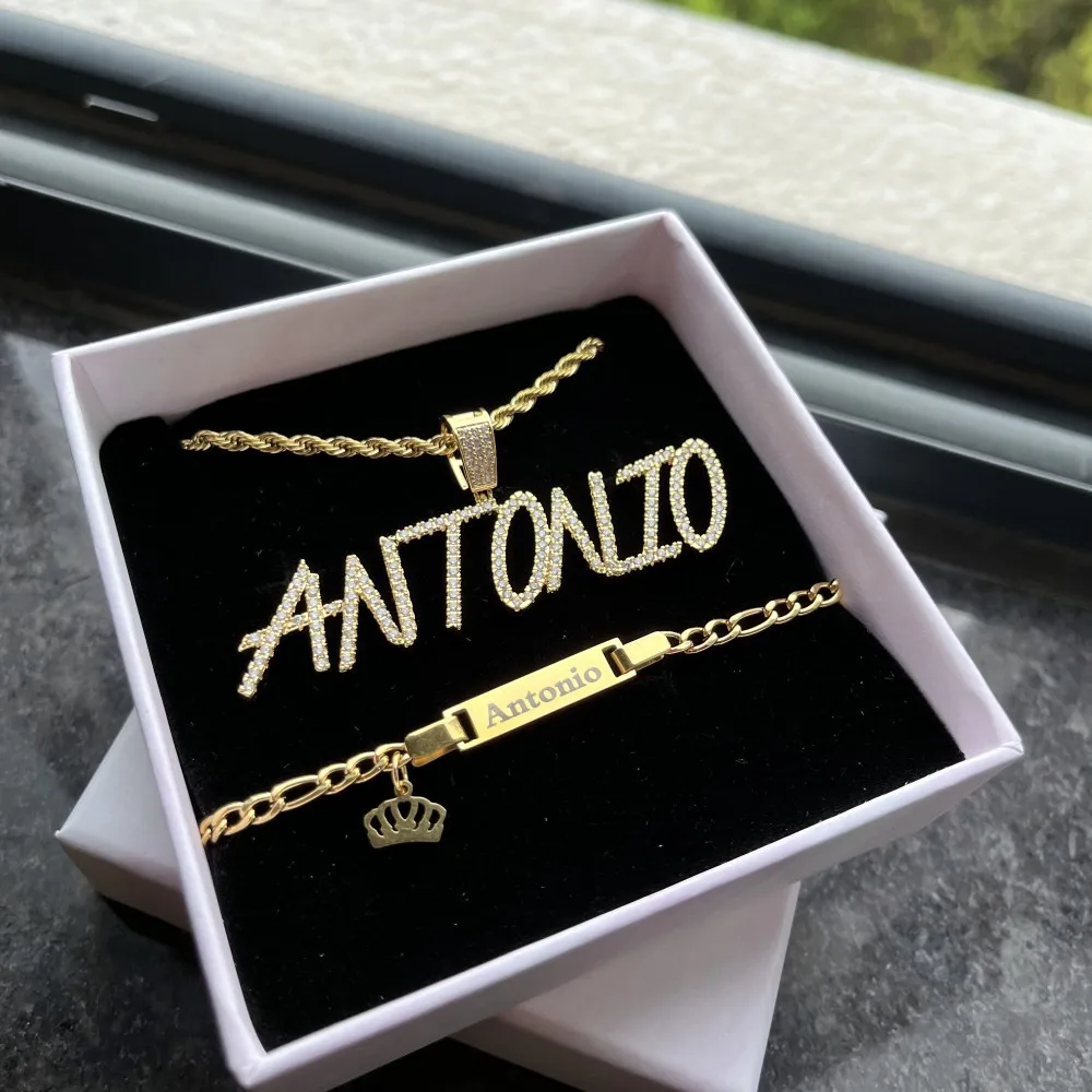 DUOYING  Custom Script Name Set Personalized Capital A-Z Pendant Rope Chain Necklace Baby ID Crown Name Bracelet Boy Jewelry