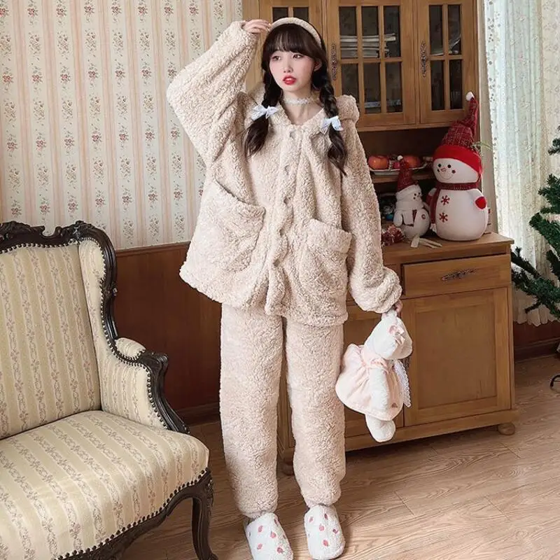 

Осенне-зимняя домашняя одежда для девочек, пижамы, утепленная фланелевая пижама с капюшоном из кораллового флиса, ночная рубашка, женские плюшевые брюки, верхняя одежда