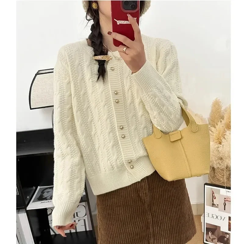 

Solid Color Knitted for Women Cardigan Korean Single Breasted Long Sleeve Jumper Woman Round Neck All Match Cardigans Outwear