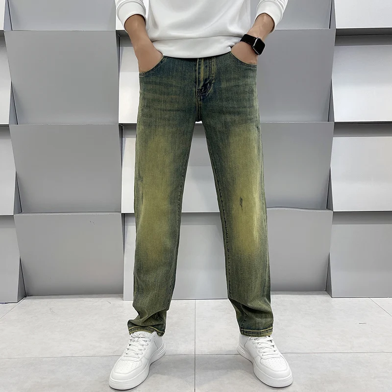 Loose Straight Jeans Men\'s Retro Distressed Street Trend Casual Nostalgic High-End Casual All-Match Yellow Mud Color Pants