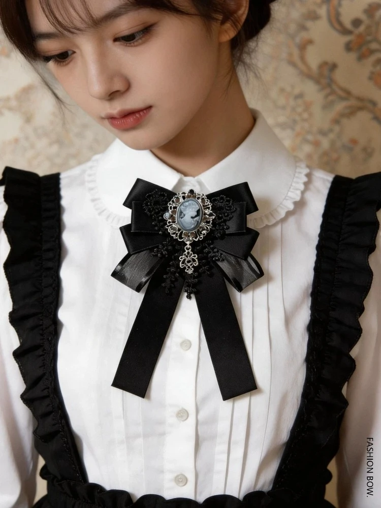 College Style Lace Badge Rhinestone Bow Brooch Neck Tie Dark Lolita Everyday Women's Dress Shirt Handmade Tie Flower Accessory