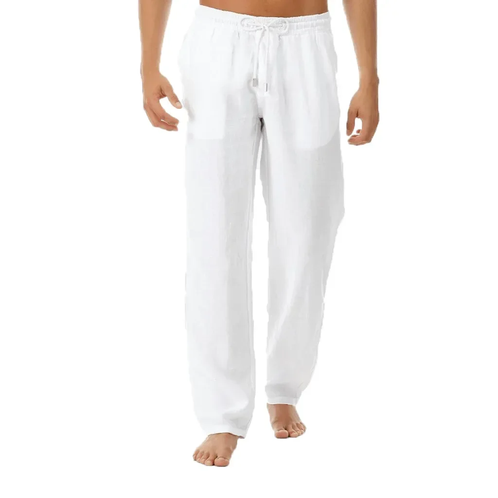 Men's Cotton Linen Pants Loose Spring Casual Pants Male Breathable Solid Color Full Length Drawstring Jogger Yoga Linen Trousers