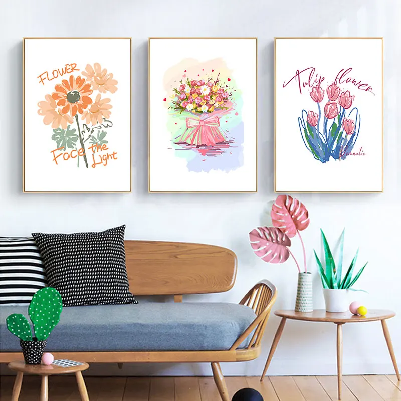 Simple Botanical Flower Canvas Art Poster Prints Daisy Bouquet Tulip Floral Wall Decor Pictures for Living Room Bedroom Aisle