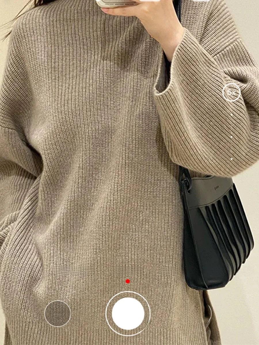 

Loose Long Sve Sweater Casual Sle Large Cuffs Open Split Hem T Length Overhead Knitwear Comfortable Straight Cut