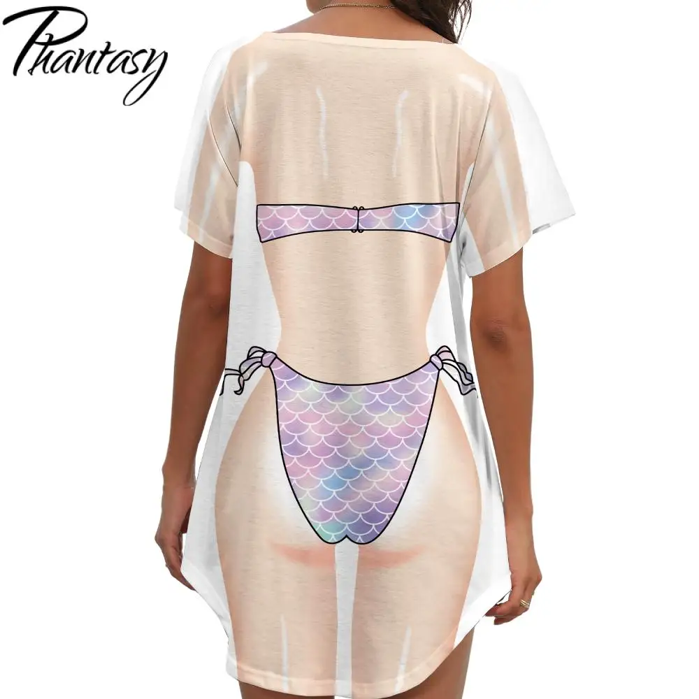 Phantasy Summer Mermaid Bikini Body Print Cover Up Dress Loose Casual T-Shirt Women's Bikini Printed Beach T-Shirt Dress
