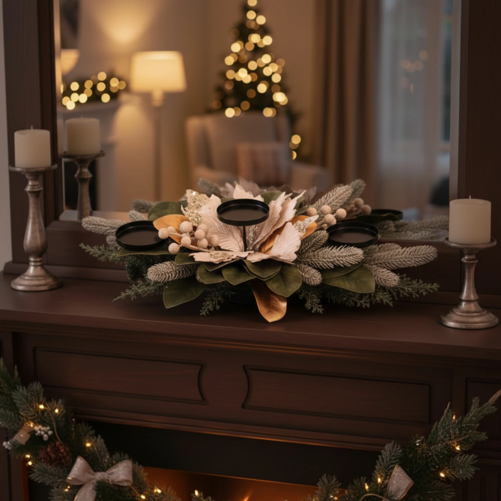 Christmas Candle Holder with Evergreen Branches Navideño Candle Holder Centerpiece Candelabro Triple Elegante Table Centerpiece
